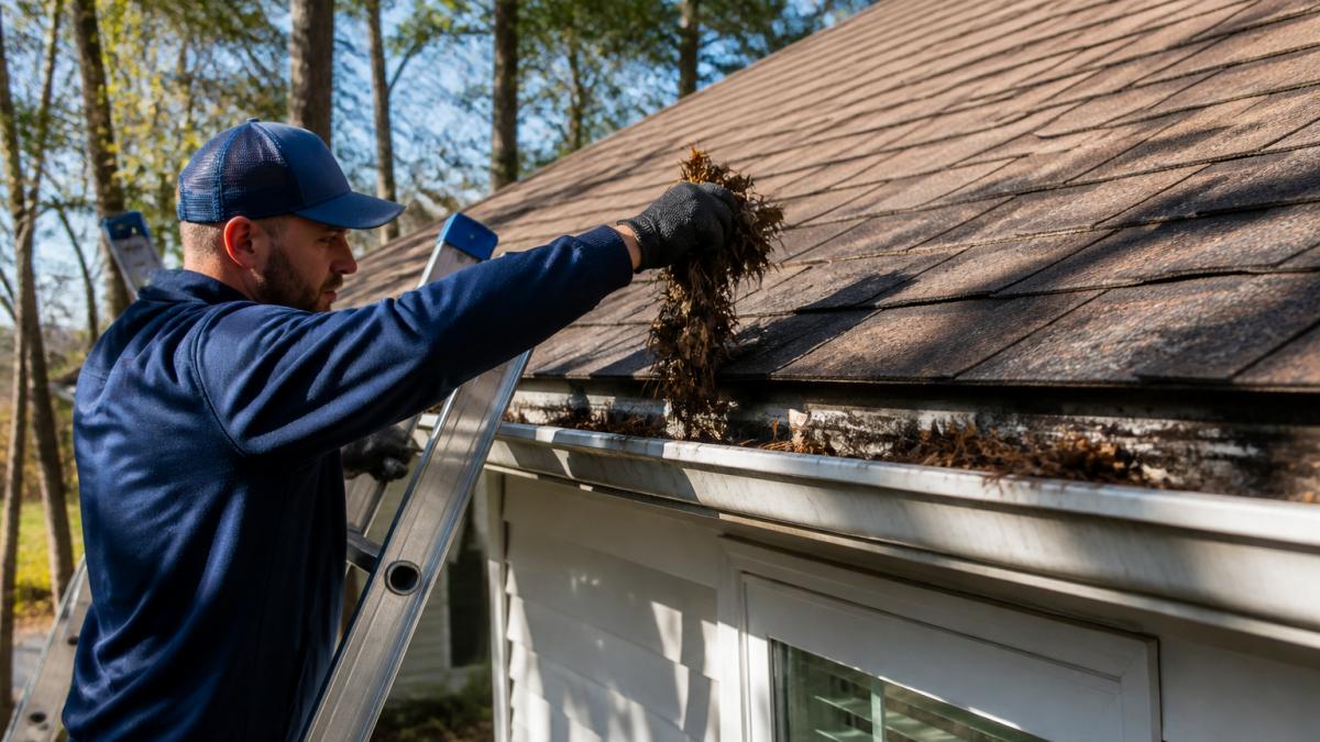 A technician on a ladder clearing leaves and debris from a residential gutter while inspecting the roofline on a sunny day