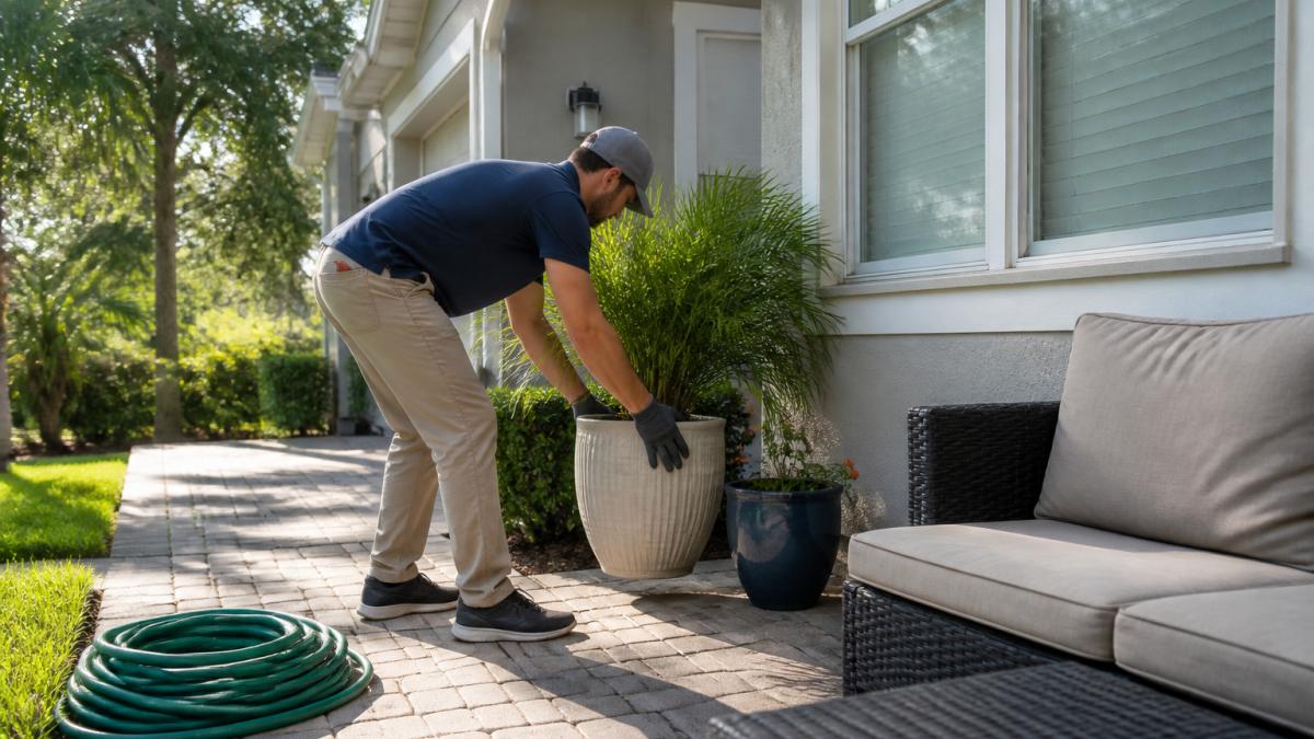 A homeowner moving potted plants and patio furniture away from the house exterior, with a garden hose coiled nearby, bright morning light