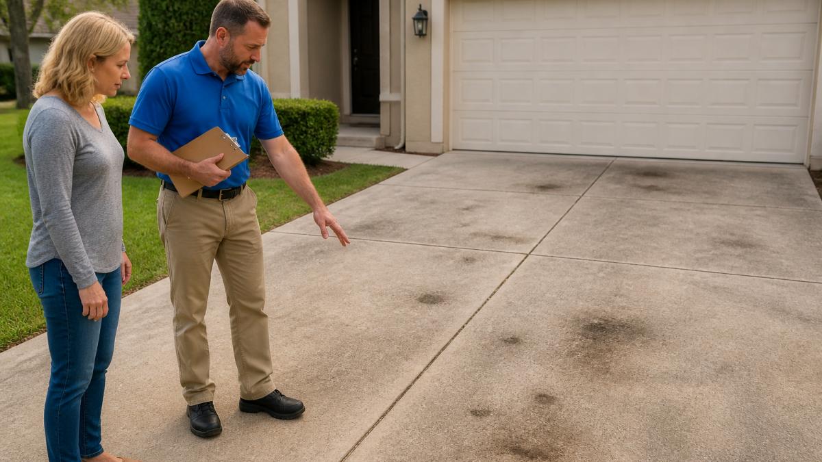 A technician in branded workwear walking a homeowner across a concrete driveway, clipboard in hand, pointing at oil stains and joint lines while the homeowner listens, soft afternoon light